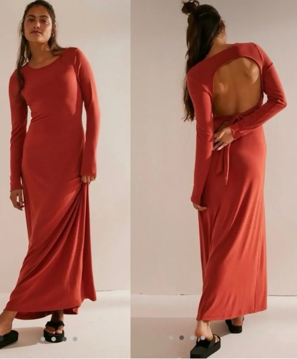 Free People Beach Burnt Orange Long Sleeve Backless Body-Con Maxi Dress Small